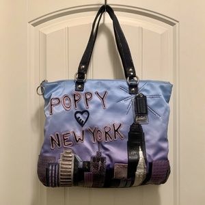 Coach Poppy NYC Destination Ombre Blue Satin Leather Skyline Glam Tote Bag 15888